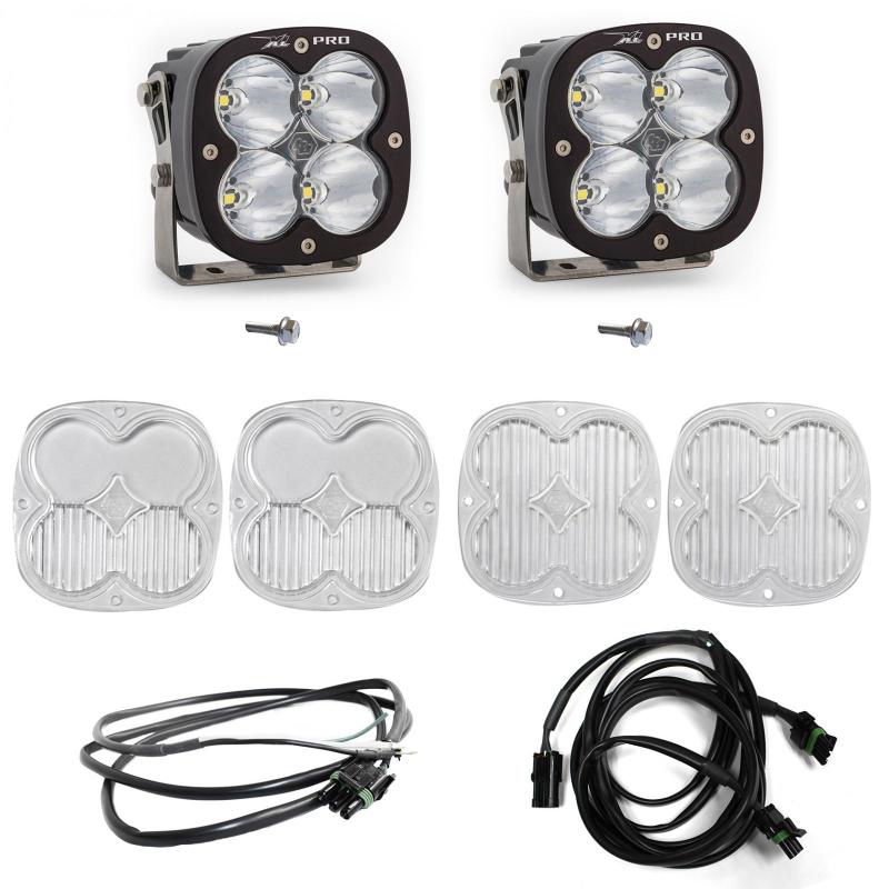 Baja Designs 2021+ Ford Bronco A Pillar Light Kit XL Pro Spot includes two lights, lens covers, and wiring harness.