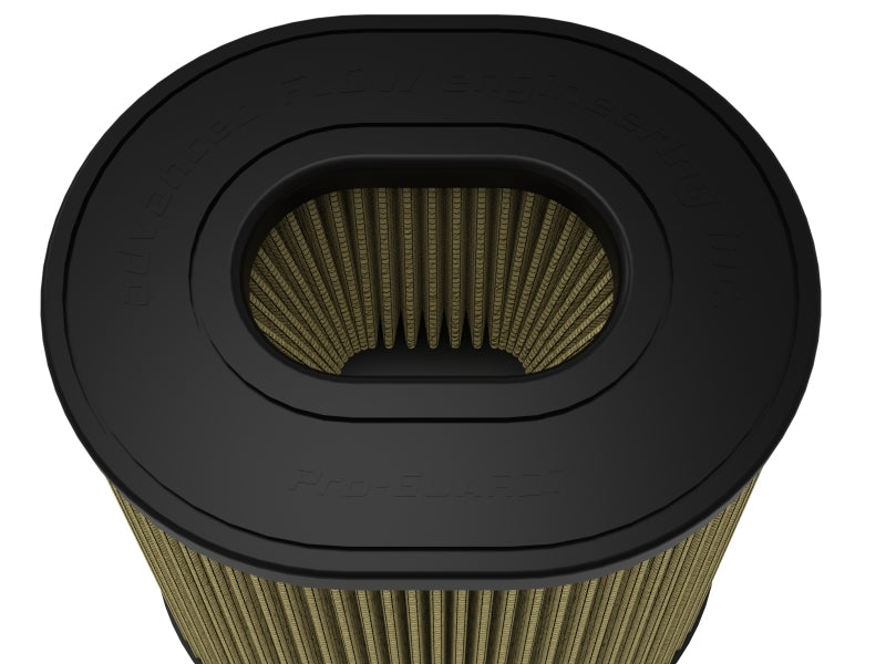 afe Magnum FORCE replacement air filter with a cylindrical design, featuring a black top and pleated filter media for enhanced airflow.