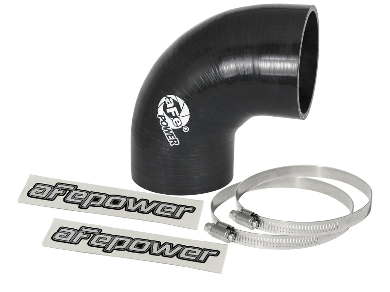 Black aFe Magnum FORCE Intake Coupling Kit featuring a 90-degree elbow coupler, two clamps, and aFe Power decals.
