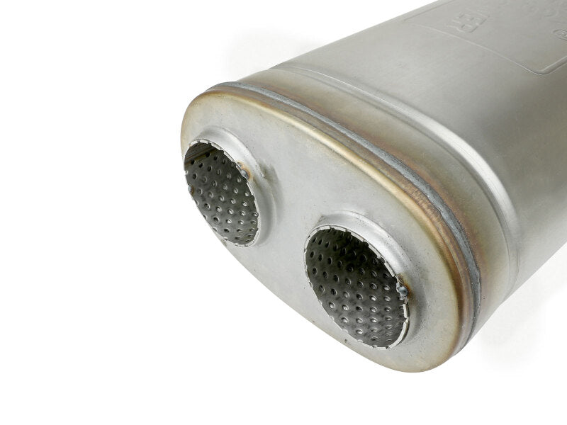 afe MACH Force-Xp dual inlet/outlet muffler with oval body, measuring 5 inches high, 8 inches wide, and 18 inches long.