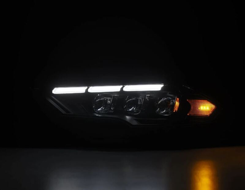 AlphaRex NOVA LED projector headlights for 2018-2020 Ford Mustang in black with sequential signals and daytime running lights.