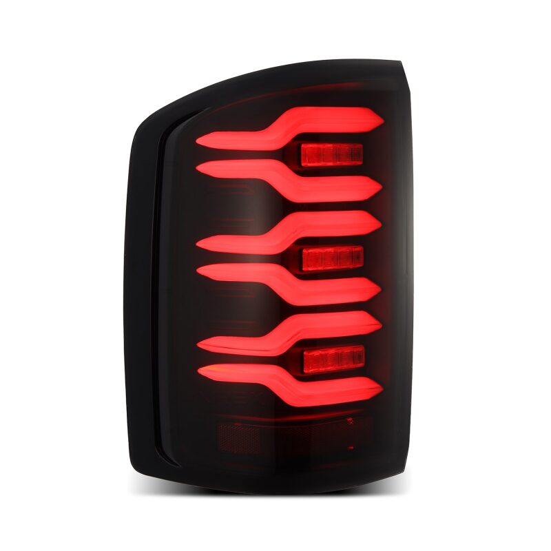 AlphaRex LUXX-Series LED tail lights for 14-18 GMC Sierra, featuring a sleek black design with sequential signals.