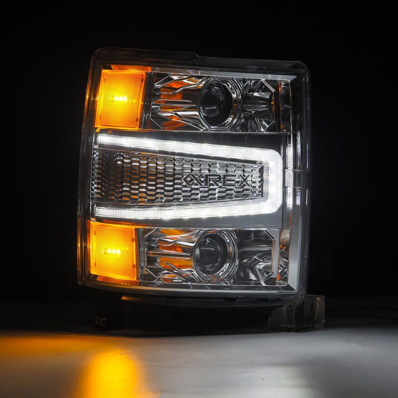AlphaRex LUXX LED projector headlights for 04-15 Chevy 1500HD with sequential activation and chrome finish.