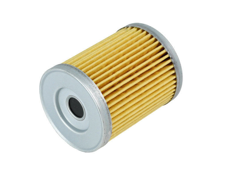 Afe PROGUARD oil filter with a cylindrical design featuring pleated paper and metal end caps for efficient filtration.