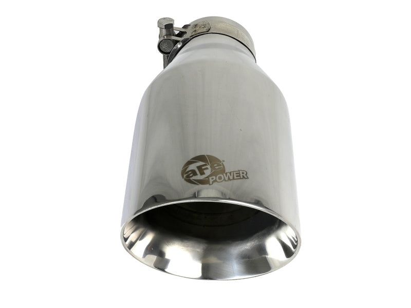 Polished stainless steel afe MACH Force-Xp exhaust tip with 2-1/2 inch inlet, 4-1/2 inch outlet, and 9 inch length.