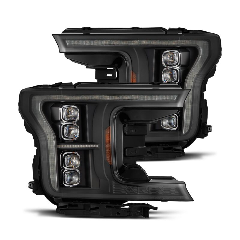 AlphaRex NOVA LED projector headlights for 2018-2020 Ford F-150 in black, featuring a modern design and enhanced visibility.