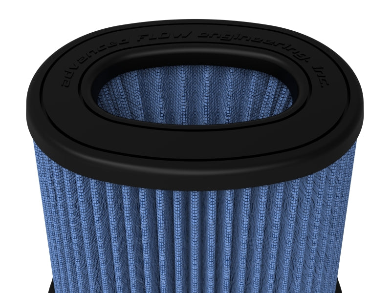 Afe Momentum replacement air filter featuring a blue pleated design and a black rubber base, designed for optimal airflow.