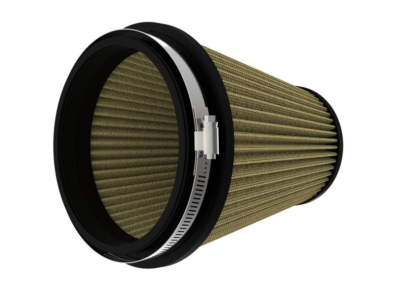 Universal aFe Magnum FLOW air filter with a cylindrical design, featuring a black frame and pleated filter media for enhanced airflow.