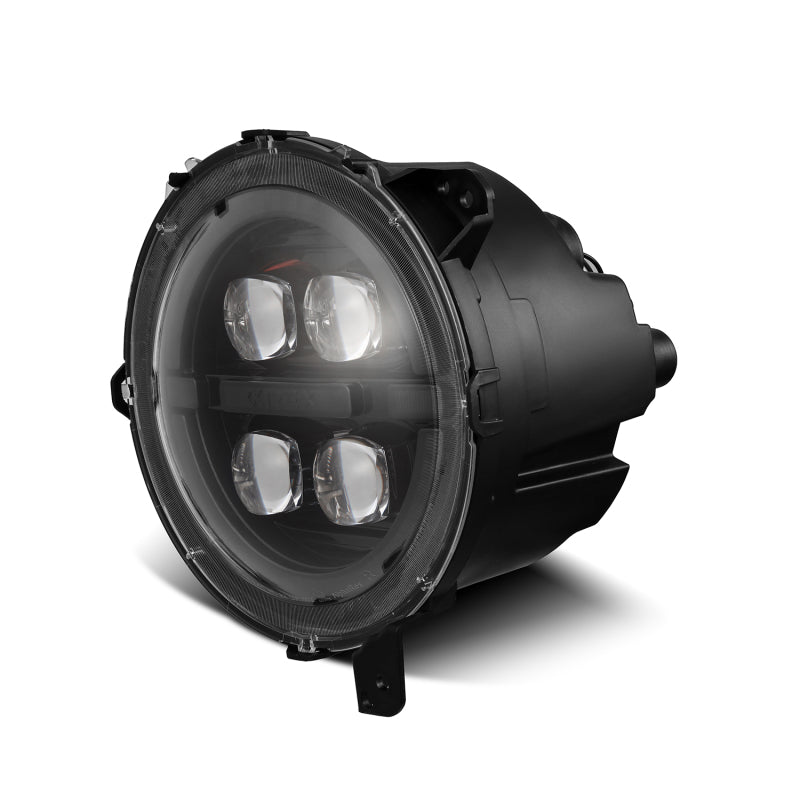 AlphaRex LED projector headlights for 2018-2023 Jeep Wrangler JL and Gladiator JT in black with sequential signal lights.