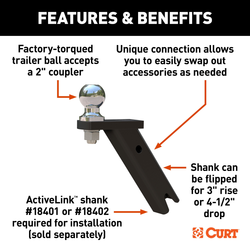 CURT ActiveLink Ball Mount, 2" Ball, 3,500 lbs. GTW Model 18416