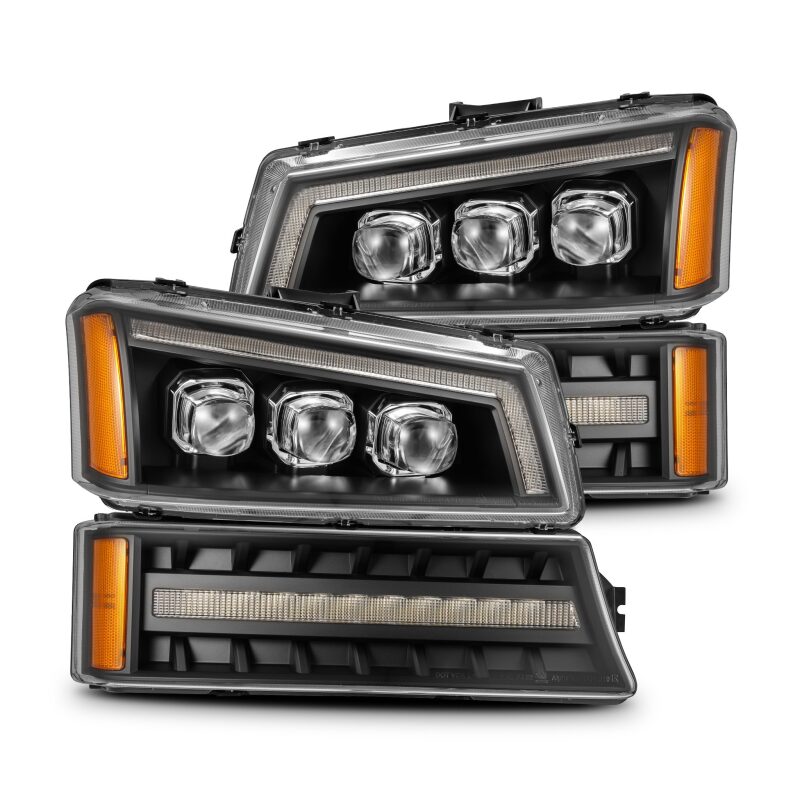 AlphaRex Black NOVA LED projector headlights for 03-06 Chevy Silverado and Avalanche, featuring sleek design and enhanced visibility.