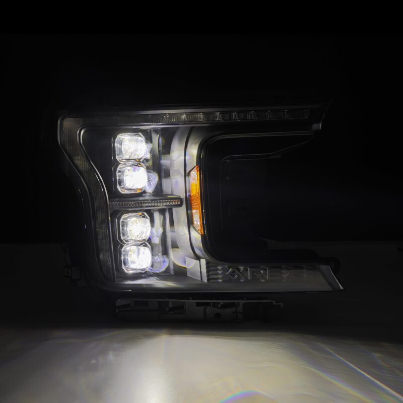 AlphaRex NOVA LED projector headlight for 2018-2020 Ford F-150 in black, featuring a sleek design and bright illumination.