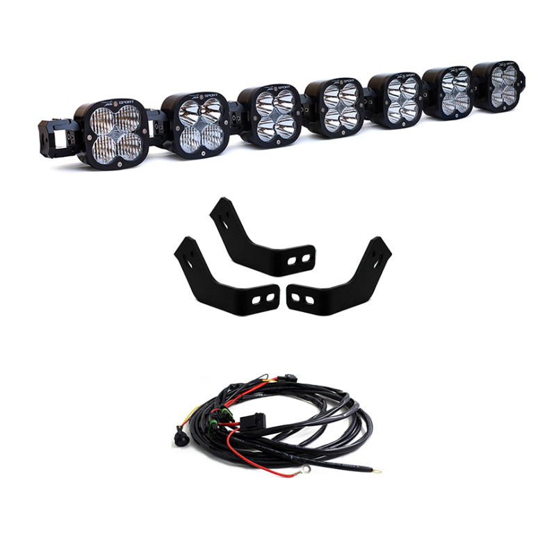 Baja Designs Prinsu Roof Rack 7 XL Linkable Light Kit with mounting brackets and wiring harness for enhanced offroad visibility.
