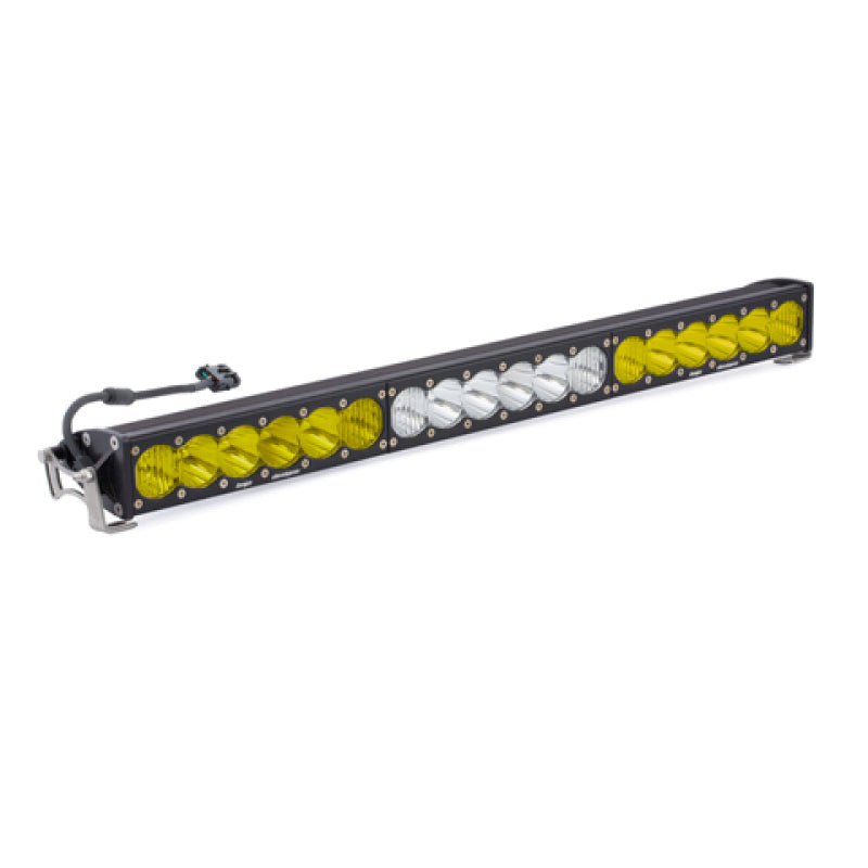 Baja Designs Dual Control OnX6 Series 30in LED light bar featuring amber and white LEDs for enhanced visibility.