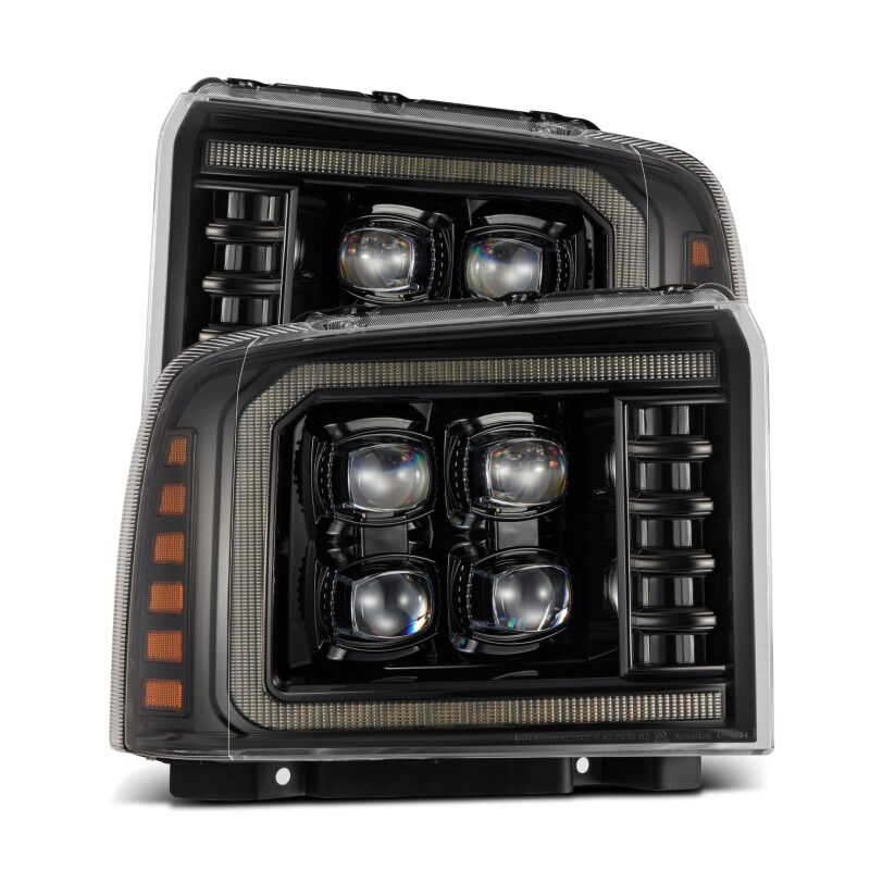 AlphaRex NOVA-Series LED projector headlights for 05-07 Ford Super Duty/Excursion in black with active lighting features.