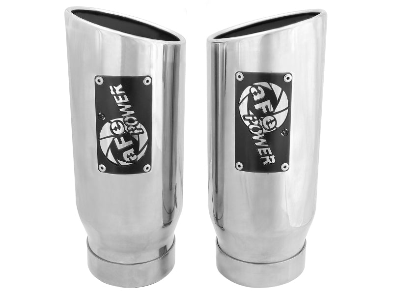 Polished stainless steel afe MACH Force-Xp exhaust tips with 4-inch inlet, 5-inch outlet, and 12-inch length for enhanced performance.