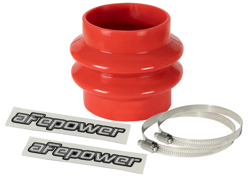 Red afe Magnum FORCE Intake Coupling Kit with straight bellow, two hose clamps, and aFe Power stickers for enhanced airflow.
