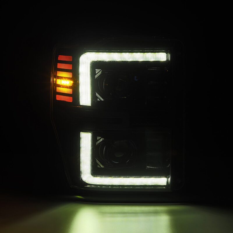 AlphaRex LUXX-Series LED projector headlights for 08-10 Ford F250-550 with sequential signal and active lighting.