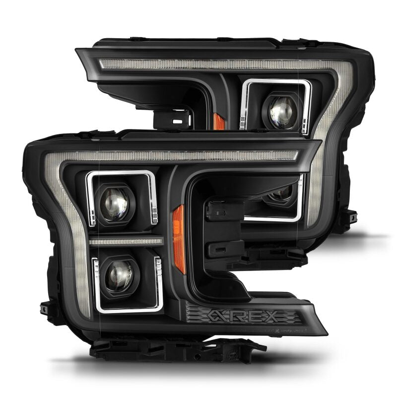 AlphaRex projector headlights for 2018-2021 Ford F150, featuring a sleek black design with daytime running lights and sequential signals.