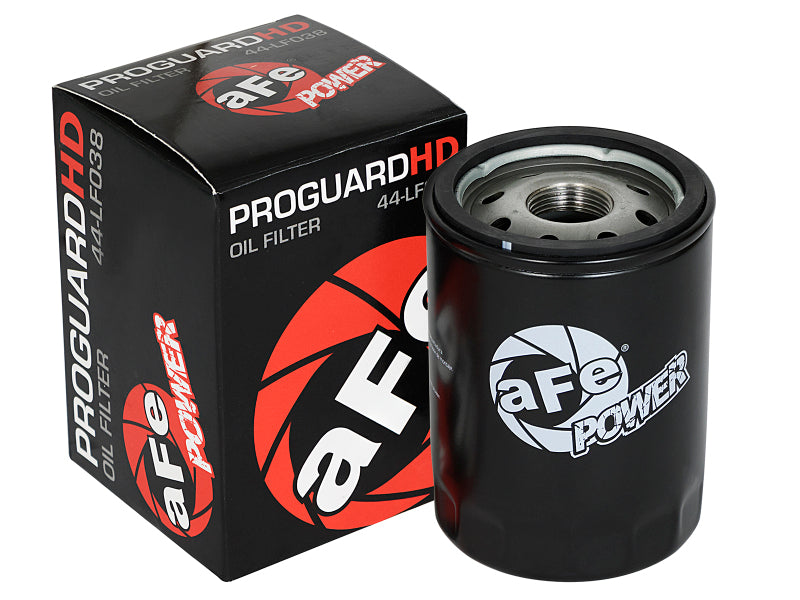 aFe PROGUARD oil filter with black exterior and packaging, designed for high-performance engine protection and filtration.