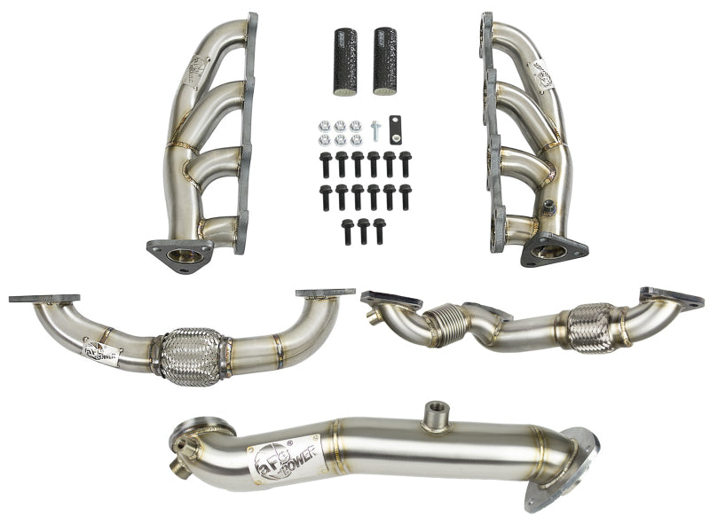 AFE Twisted Steel header and connection pipe combo for GM diesel trucks 2015-2016 V8 6.6L LML, including hardware.