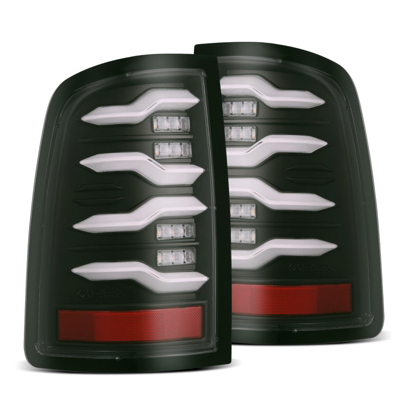 AlphaRex Luxx-Series LED tail lights for 09-18 Dodge Ram, featuring a black finish, activation light, and sequential signal.