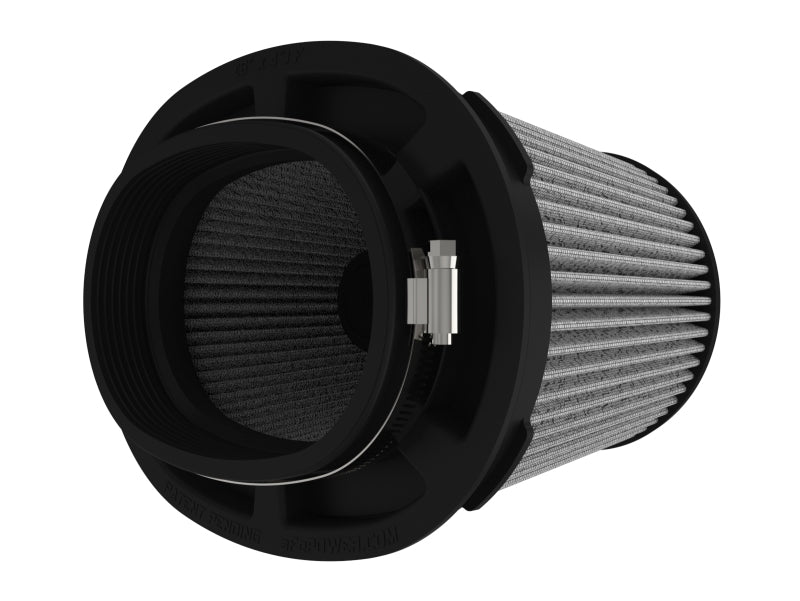 afe Momentum Intake replacement air filter featuring a cylindrical design with a black frame and pleated filter media for enhanced airflow.