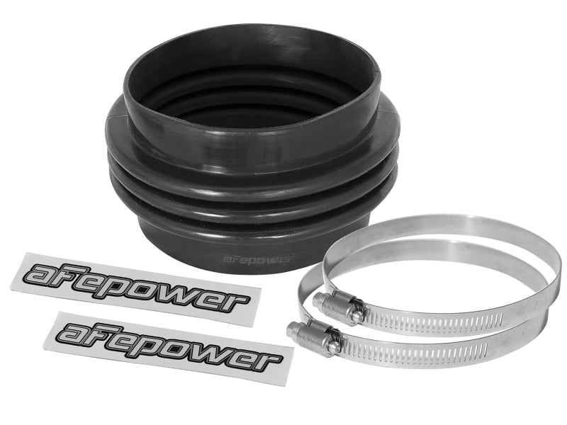 afe Magnum FORCE Intake Coupling Kit featuring a black straight coupler with hump, two clamps, and branded stickers.