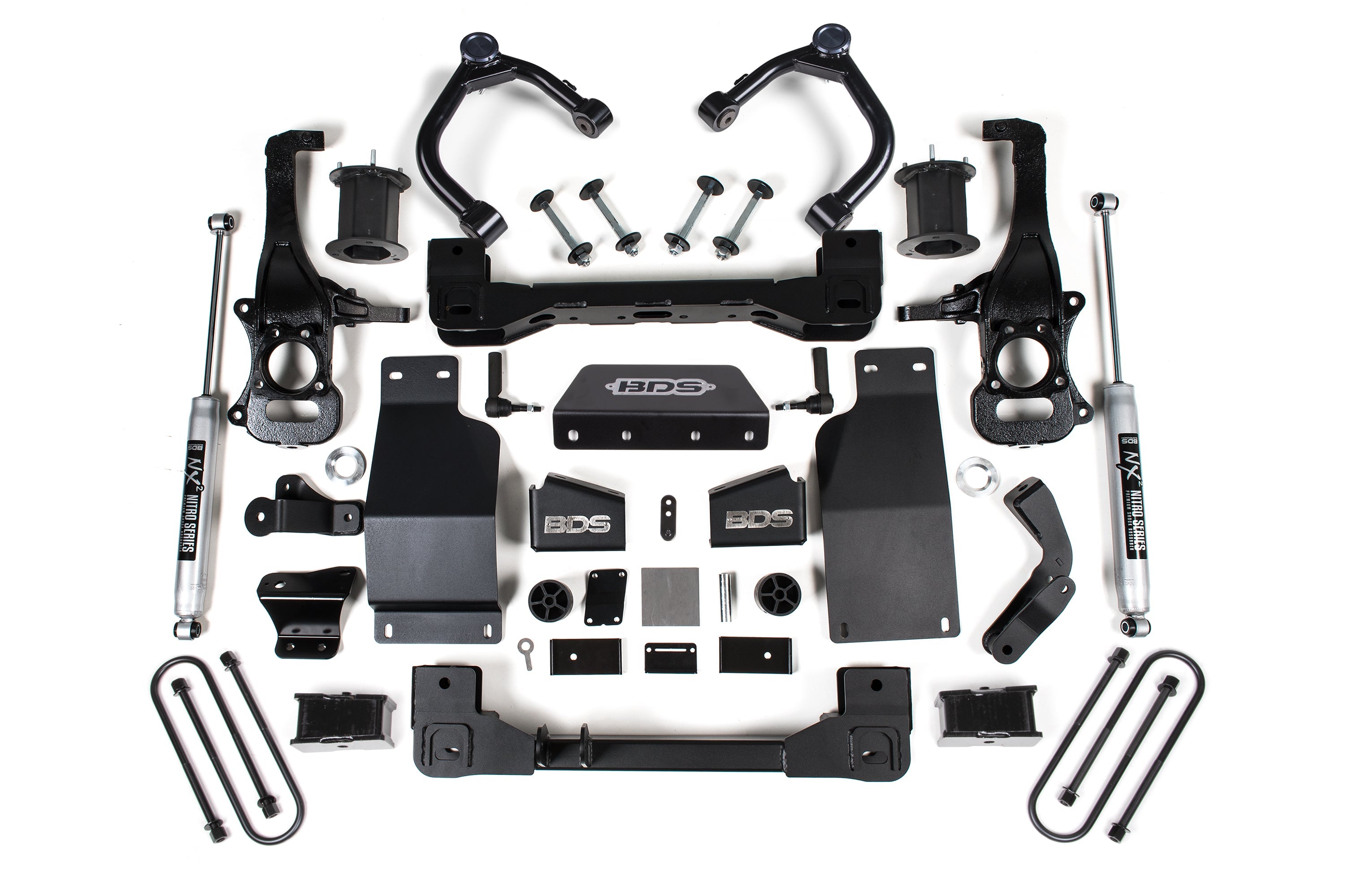 4-inch lift kit components for 2025 Chevy Silverado or GMC Sierra 1500 4WD Diesel, including brackets, shocks, and hardware.