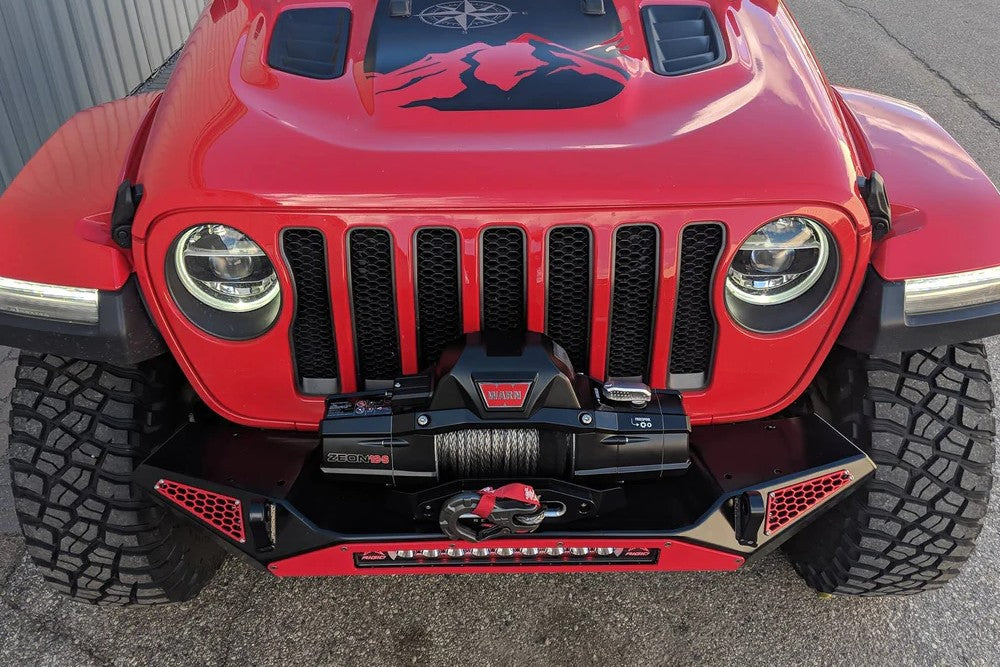 Blaze Front Bumper for Jeep Wrangler JL and Gladiator JT, featuring a rugged design and integrated winch mount.