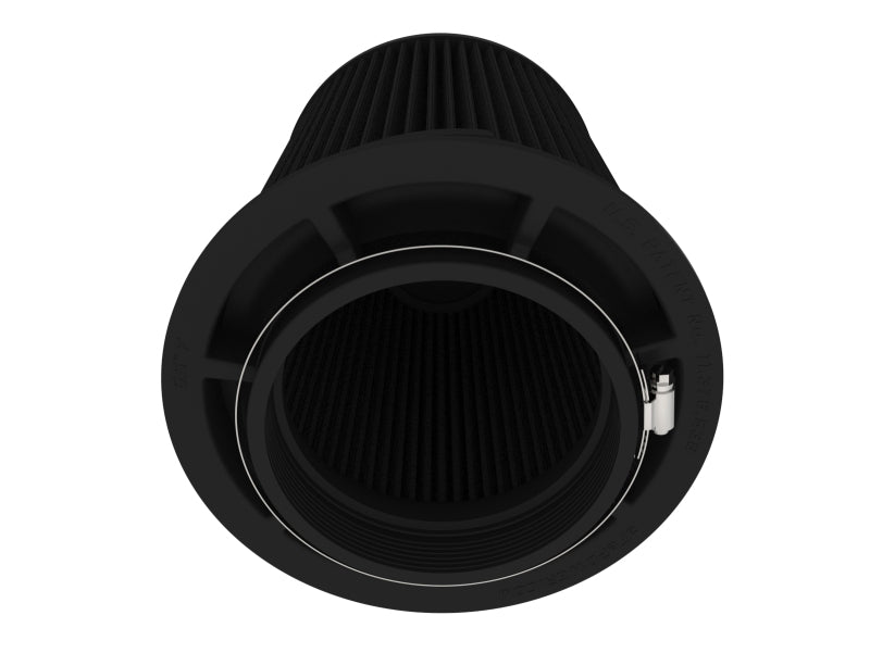Inverted air filter with a black exterior, featuring a cylindrical shape and pleated design for enhanced airflow.