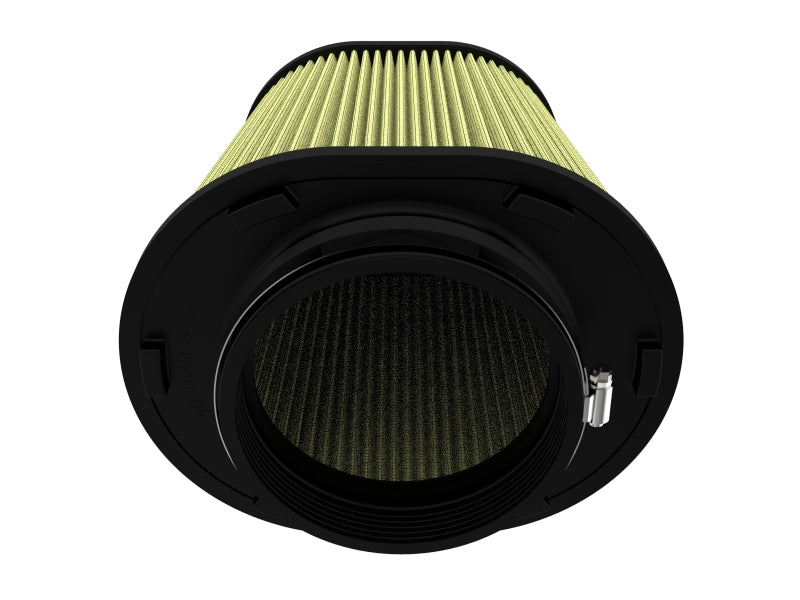 afe Magnum FORCE replacement air filter featuring a cylindrical design with a black base and pleated filter media for enhanced airflow.