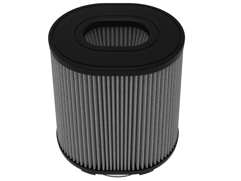 afe Magnum FORCE replacement air filter with a cylindrical design, featuring a black top and pleated filter material for enhanced airflow.