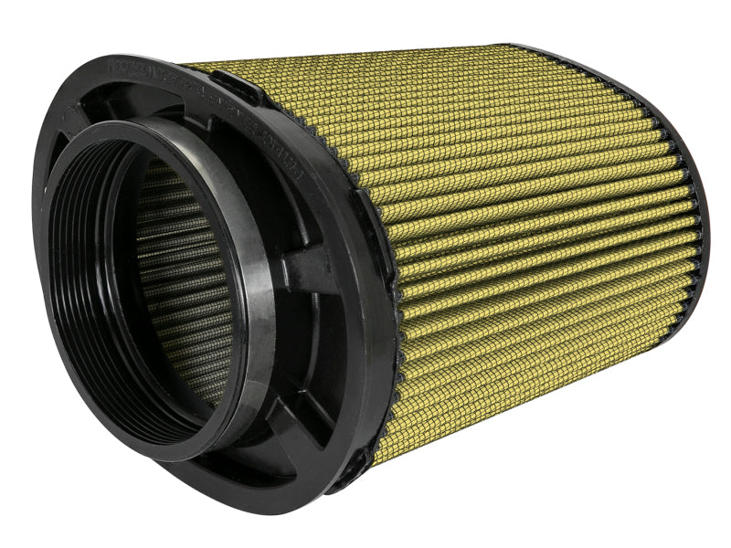 afe Momentum Intake Replacement Air Filter with inverted design, featuring a yellow filter media and black housing.