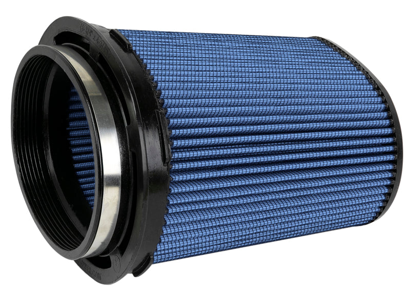 afe Momentum Intake replacement air filter with a blue pleated design, featuring a cylindrical shape and various dimensions for optimal airflow.