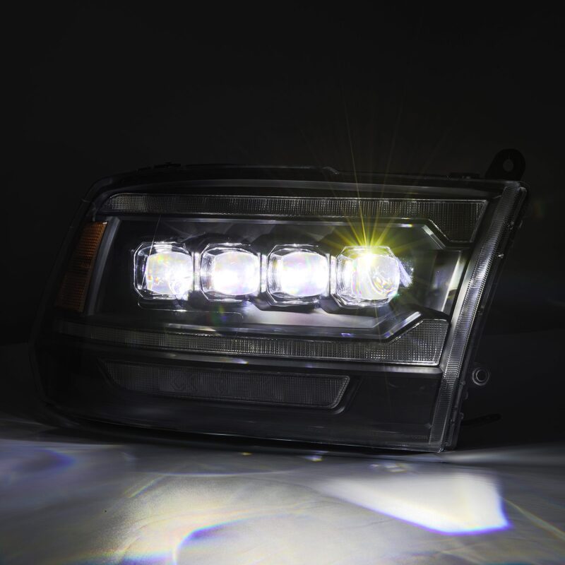 AlphaRex NOVA LED projector headlights for 09-18 Dodge Ram 2500 with black finish and activation light feature.