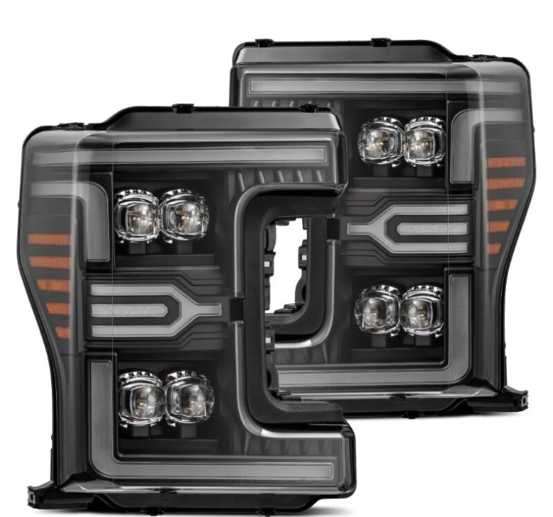 AlphaRex NOVA-Series LED projector headlights for 2017-2019 Ford F-250/350/450 with sequential signals and daytime running lights.
