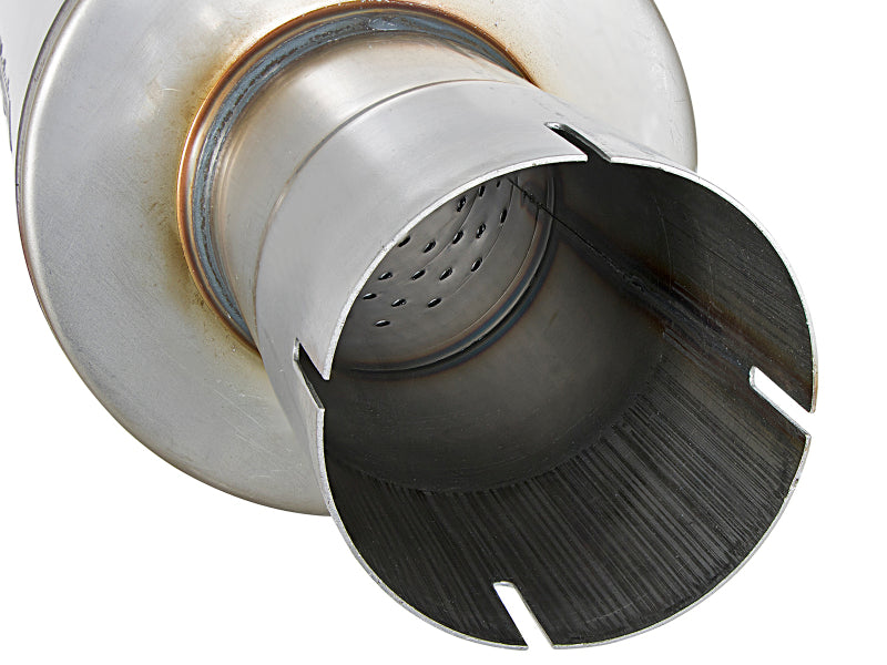 afe ATLAS round muffler with 3-1/2 inch inlet, 7 inch diameter, and 16 inch length, showcasing the interior design.