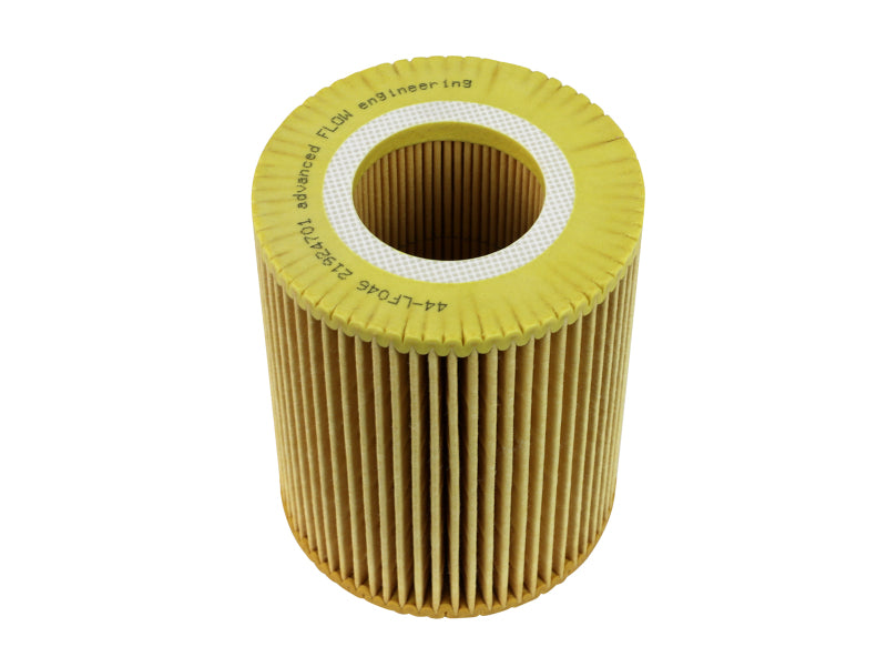 AFE ProGuard oil filter featuring a cylindrical design with pleated paper and a yellow exterior, designed for high-performance vehicles.