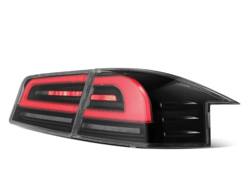 AlphaRex LUXX-Series LED tail lights for 12-21 Tesla Model S in black and red, featuring a sleek design and enhanced visibility.