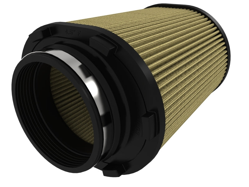 afe Magnum FORCE replacement air filter with a cylindrical design, featuring a textured filter element and sturdy end caps.
