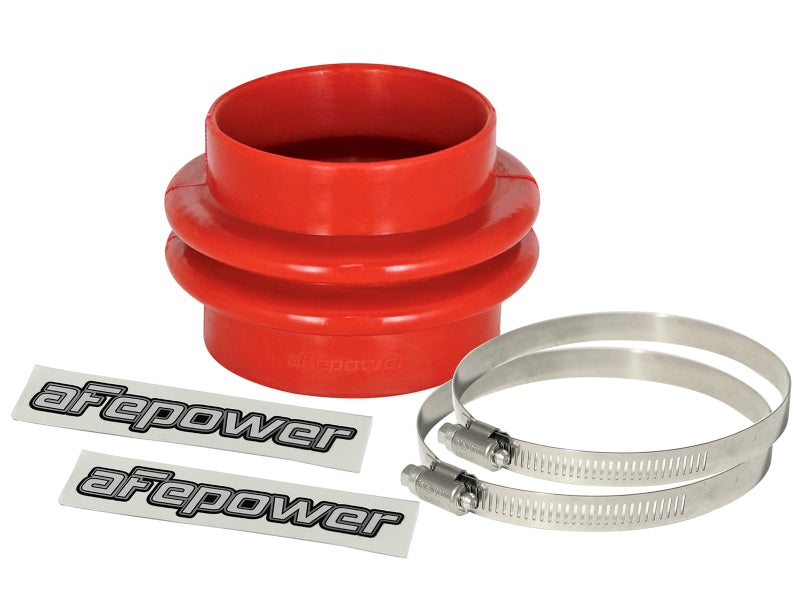 Red afe Magnum FORCE Intake Coupling Kit featuring a straight coupler, two stainless steel clamps, and branded stickers.
