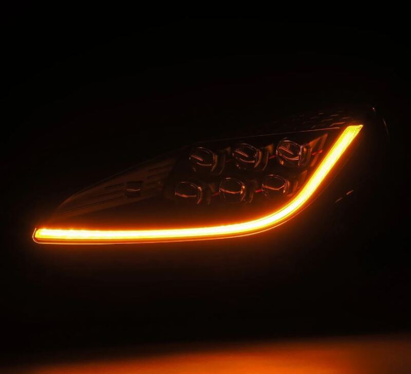 AlphaRex NOVA Series LED projector headlights for 21-23 Toyota GR86 and Subaru BRZ in black, showcasing bright amber accents.