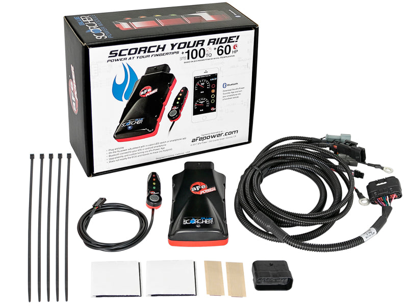 afe SCORCHER Power Module for Ford F-150 2018-2021 V6-3.0L, including installation kit and wiring harness.