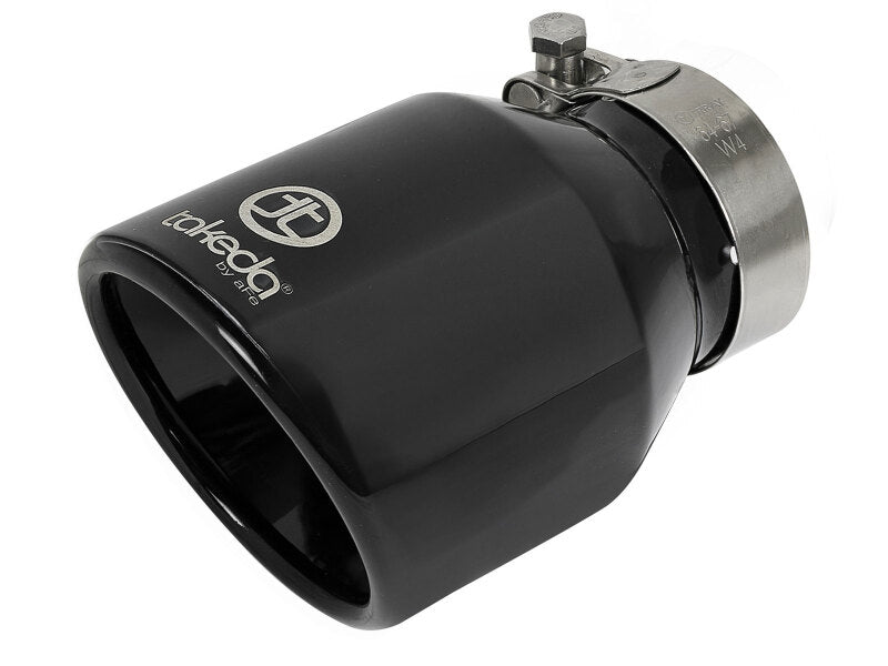 AFE Takeda universal exhaust tip with a 2-1/2 inch inlet, 4 inch outlet, and 6 inch length, featuring a sleek black finish and stainless steel clamp.