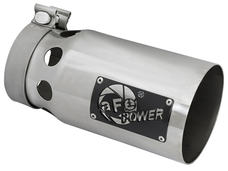 Afe Rebel XD Series universal exhaust tip with 4-inch inlet, 5-inch outlet, and 10-inch length in polished stainless steel.