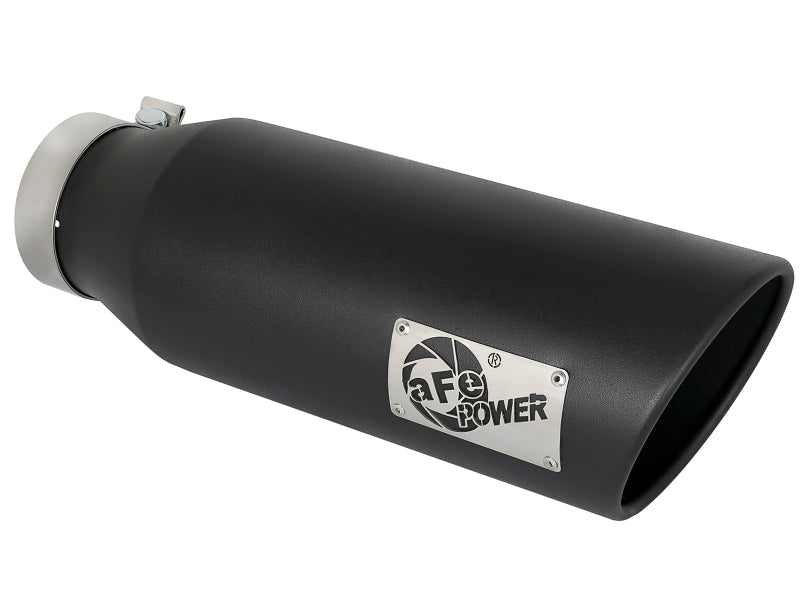 Black afe MACH Force-Xp universal exhaust tip with a 4-inch inlet, 6-inch outlet, and 18-inch length for enhanced performance.