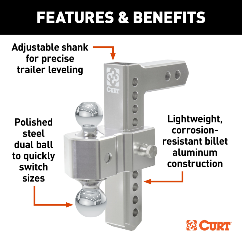 CURT AlumaLite Adjustable Aluminum Hitch with Dual Ball, 9-1/2" Drop Model 45366