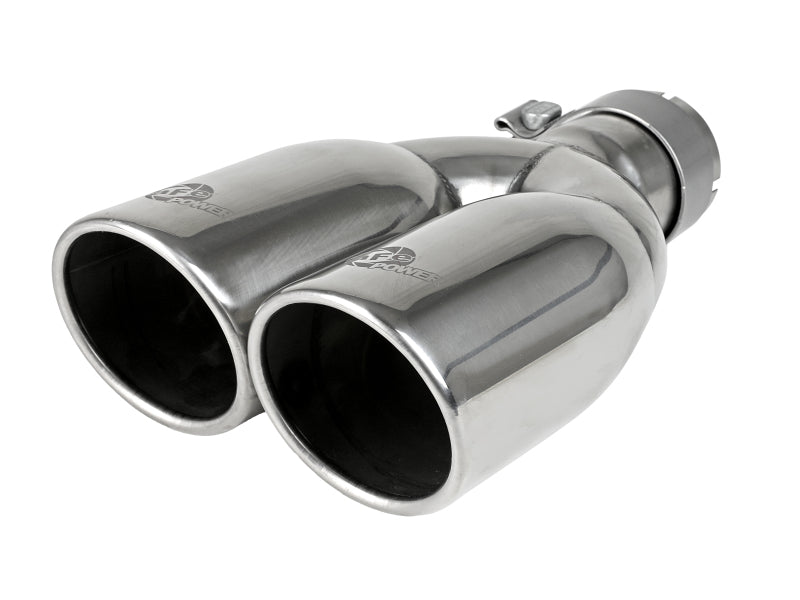 Polished stainless steel afe MACH Force-Xp universal exhaust tip with dual outlets and 2.5-inch inlet, 3.5-inch outlet, 12-inch length.