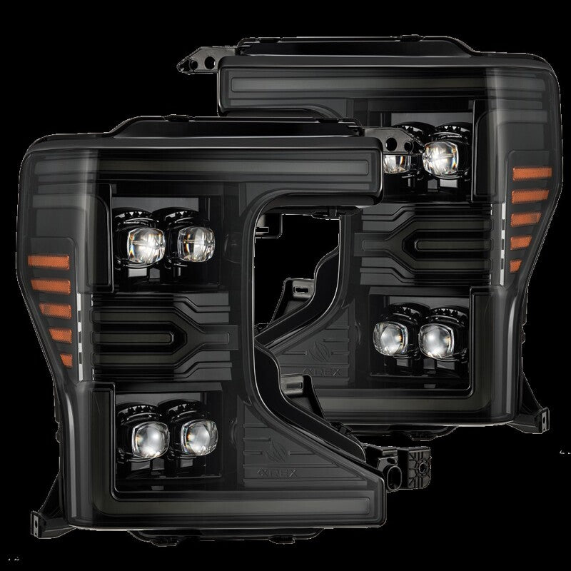 AlphaRex NOVA-Series LED projector headlights for 20-22 Ford F-250/350/450 SD in black with accent lighting.